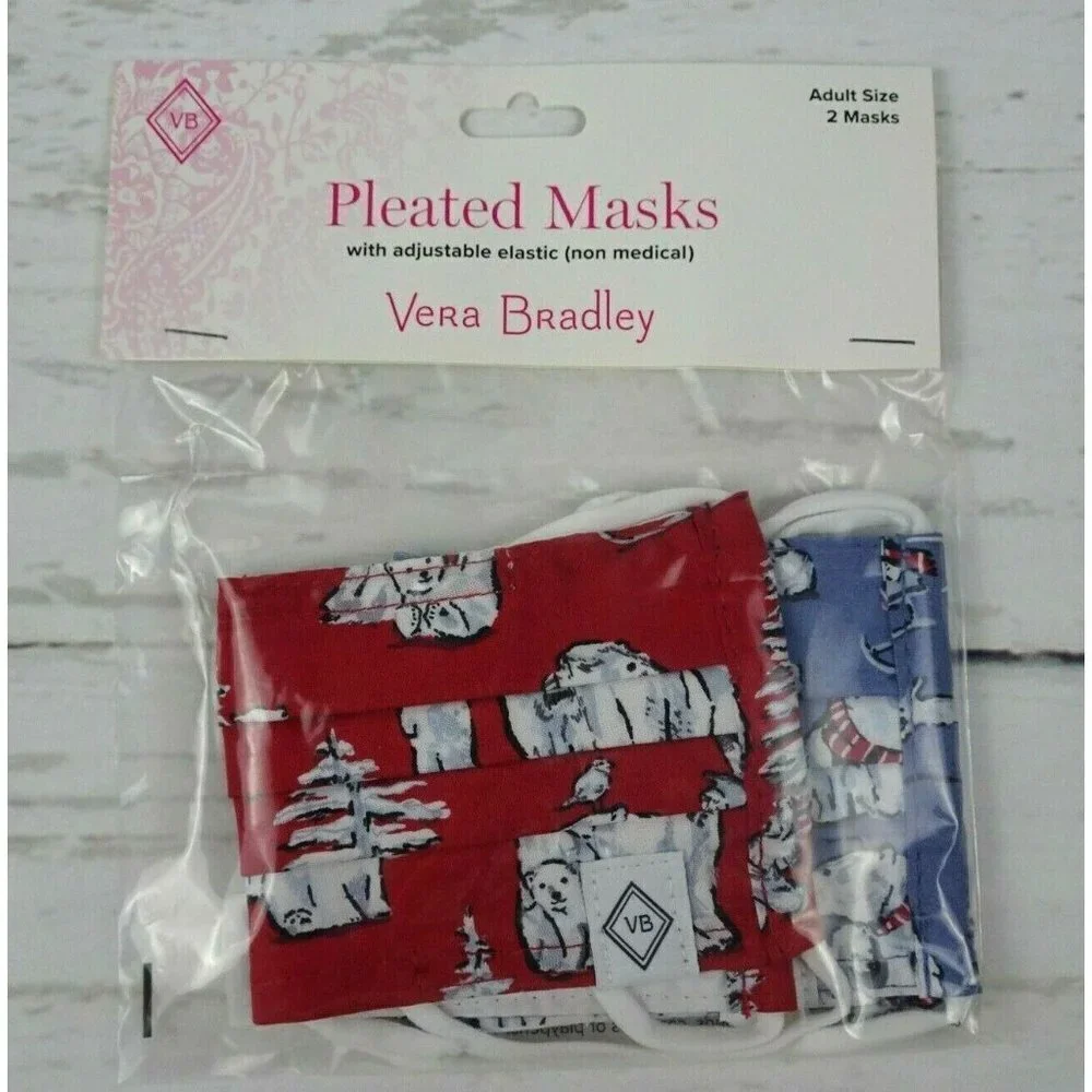 💰3/$25 Vera Bradley 2-Pack Pleated Cloth Face Masks Beary Merry Bears